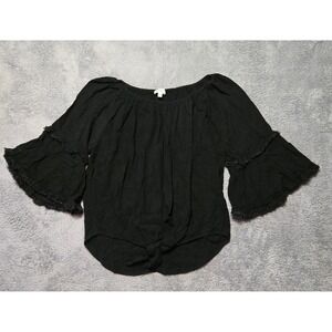 Umgee Bell Sleeve Blouse Frayed Hem Tie Front Top Black Small Peasant Boho